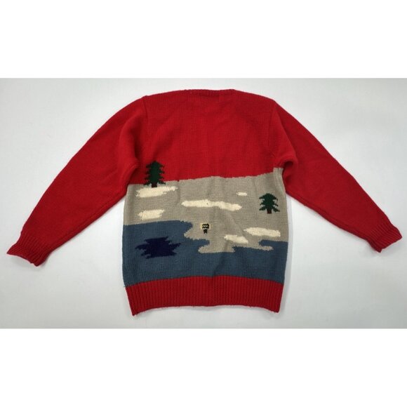Vintage 80s Wool Cardigan Sweater Womens Medium Red Rustic Cabin Forest Button - Picture 2 of 15